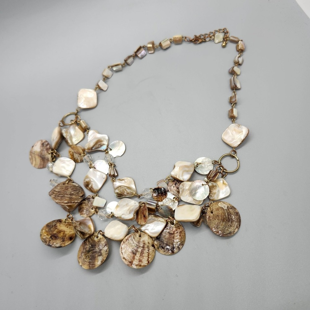Natural Shell Statement Bib Necklace Gold Tone Adjustable Iridescent - Picture 2 of 3